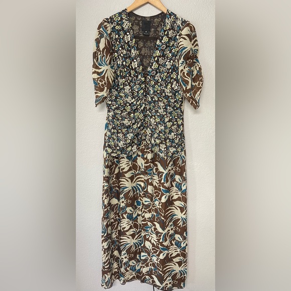 Anna Sui Dress Maxi Midi‎ Ruched Cinched Silk V Neck Brown Floral Women Size 10 - Picture 1 of 9